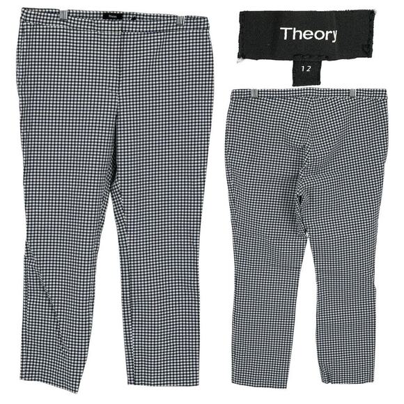 Theory Pants - Theory Classic Skinny Mid Rise Pants Blue Gingham Womens 12 Viscose Stretch USA